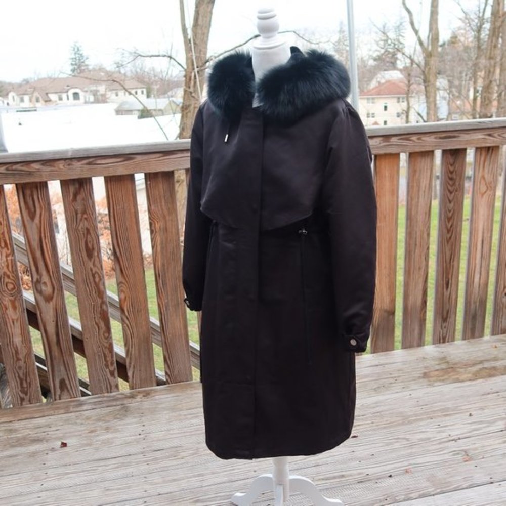 🆕 Bugatteli Collection Black Rex Rabbit Fur Hooded Long Coat - Removable Lining